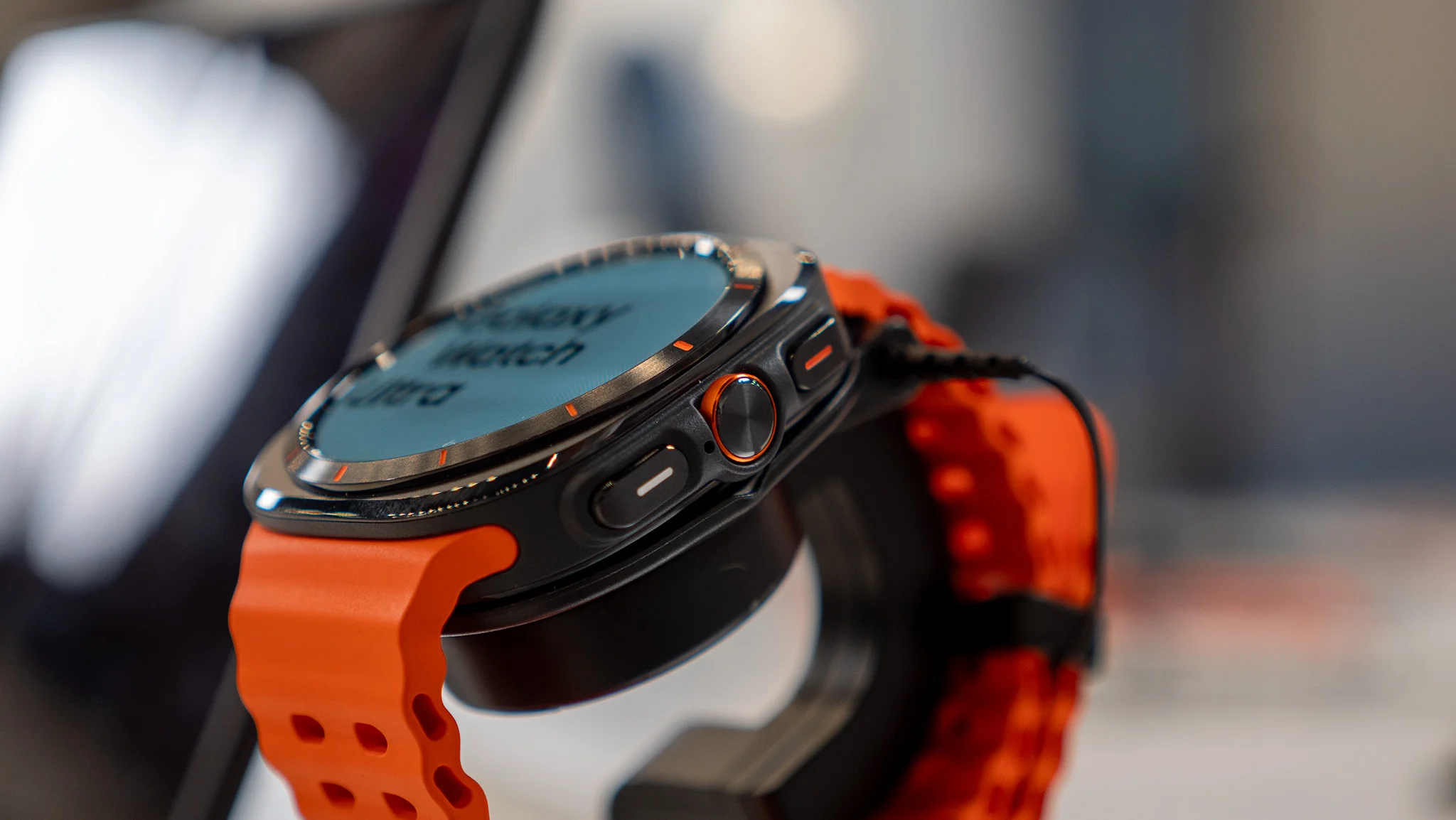 A close-up of the Galaxy Watch Ultra Quick Button
