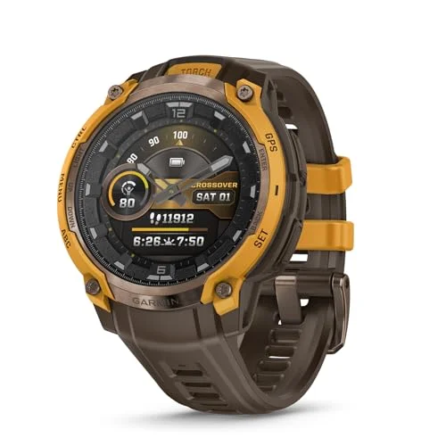 Garmin Instinct® Crossover Amoled, Rugged Hybrid Gps Smartwatch With Analog Watch Hands and Bright Amoled Display, Bronze/sunburst With Cocoa Silicone Band