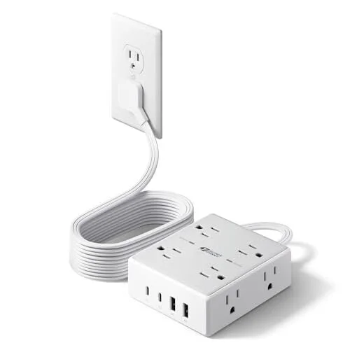 10Ft Extension Cord with Multiple Outlets, Flat Plug Surge Protector Power Strip 10 Ft Long Cord, 8 Outlets & 4 USB Ports (2 USB C), Desk Charging Station for Home Office, College Dorm Room Essentials