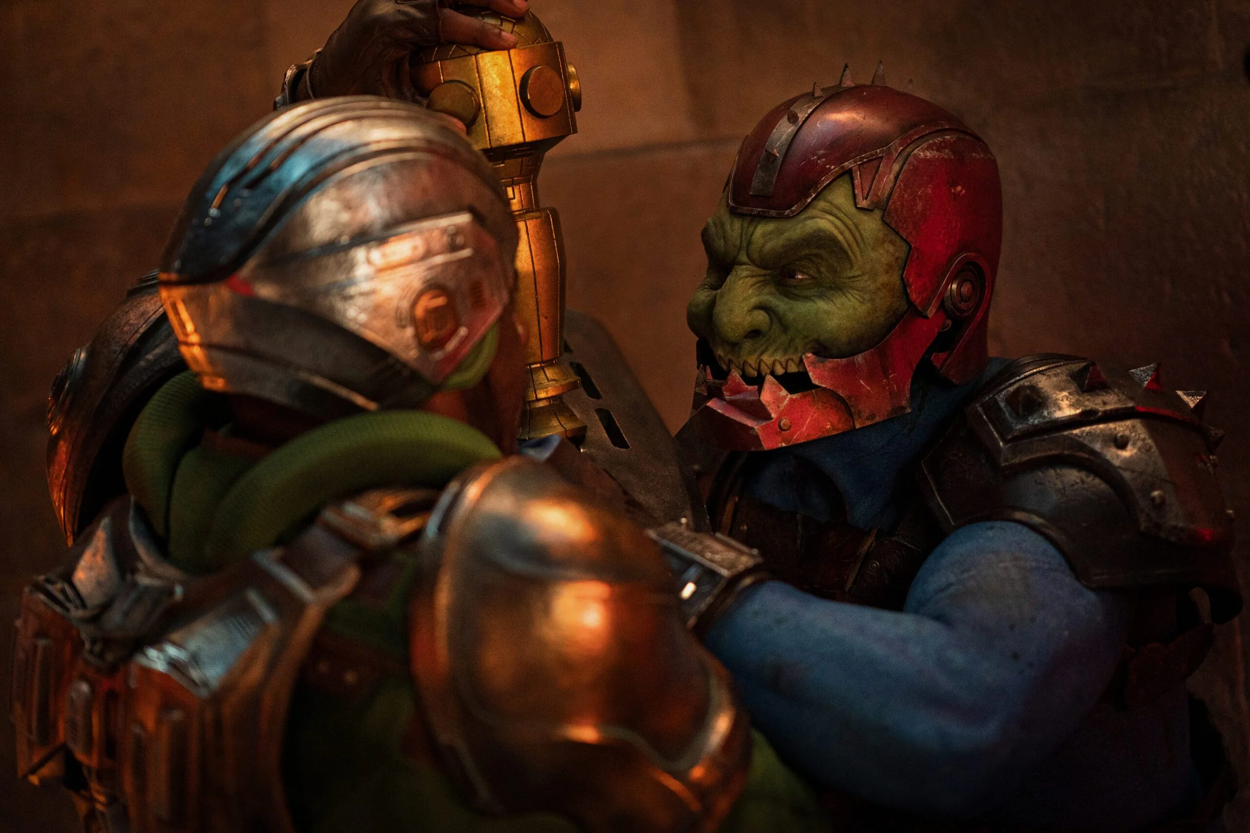 Duncan (Idris Elba) and Trap Jaw (Sam C. Wilson) battling in the 2026 film, Masters of the Universe.