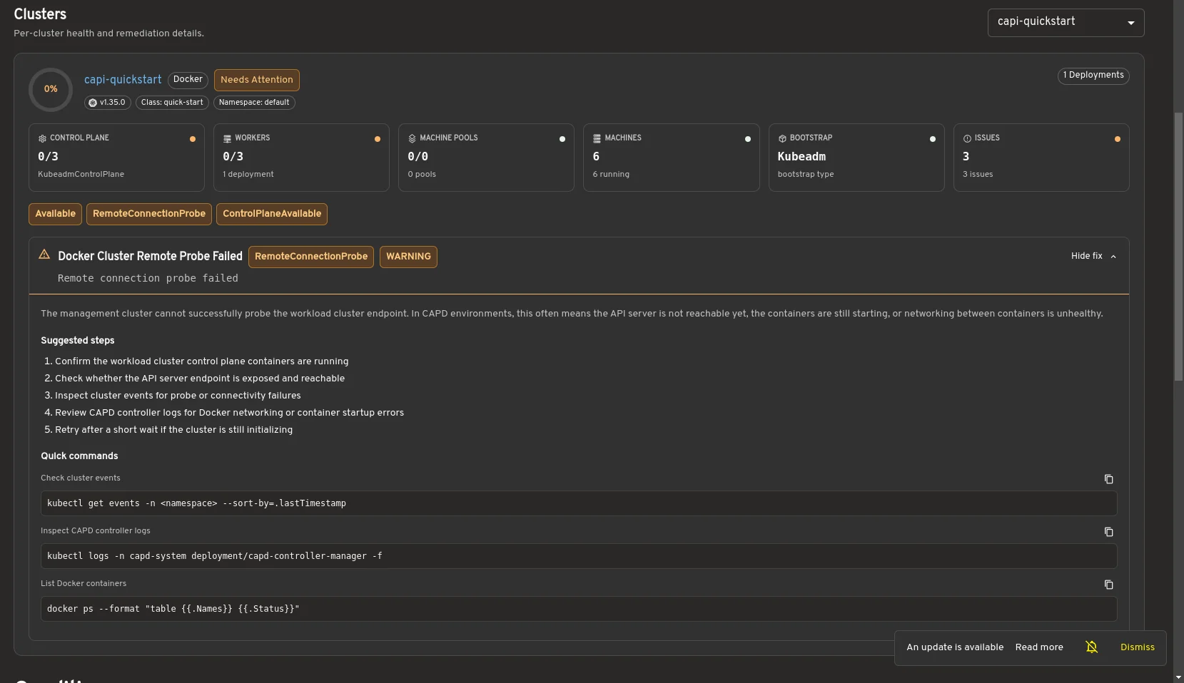 Cluster details and remediation guidance