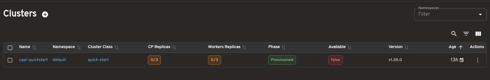 Cluster list view showing control plane and worker replica status