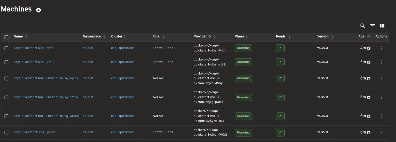 MachineDeployment list view showing replica counts, ownership, and conditions