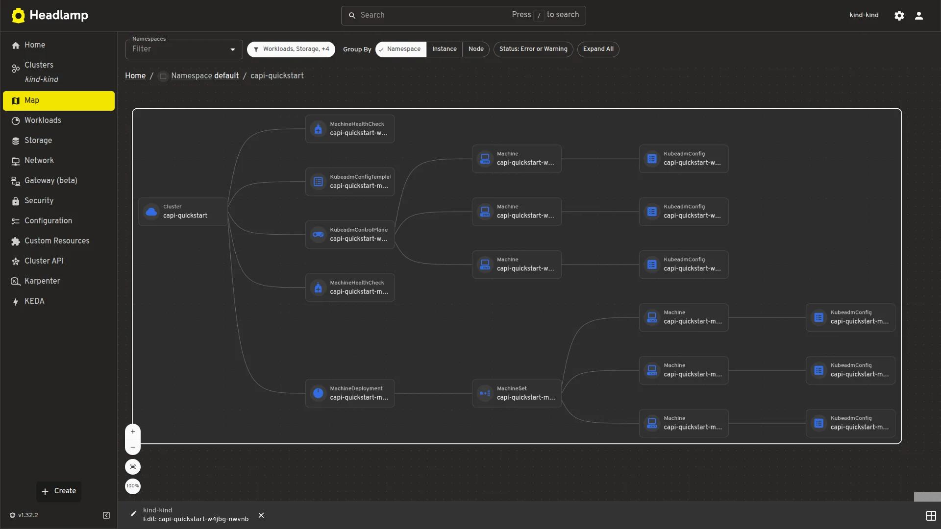 Map view showing Cluster, Control Plane, and Worker resource relationships