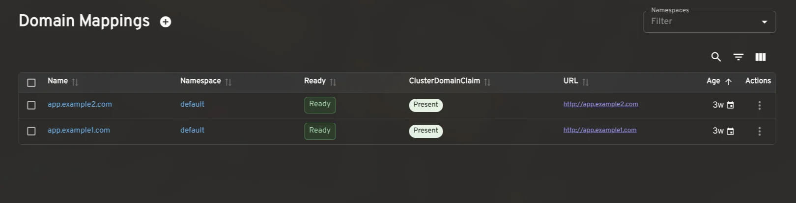 Knative Domain Mapping List View