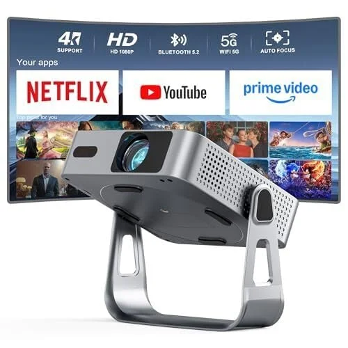 【Officially-Licensed APP & 1800ANSI】Smart Mini Projector with WiFi and Bluetooth, VISSPL Native 1080P Auto Focus & Keystone Portable Outdoor Projector, 4K Support Home Movie Projector Sliver