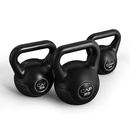 CAP Barbell 45 LB Cement Kettlebell Set &ndash; 10 lb, 15 lb & 20 lb Vinyl-Coated Kettlebells for Strength Training, Cardio, Cross Training & Home Gym Workouts