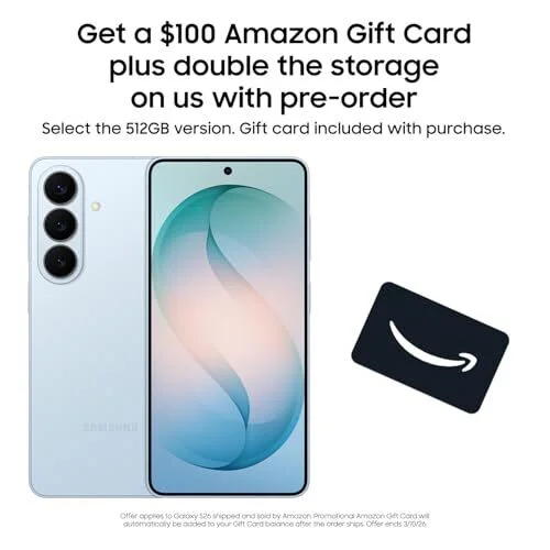 Samsung Galaxy S26, Unlocked Android Smartphone + $100 Gift Card, 512GB, Powerful Processor, Galaxy AI, Immersive Viewing, Durable Battery, 2026, US 1 Year Warranty, Sky Blue