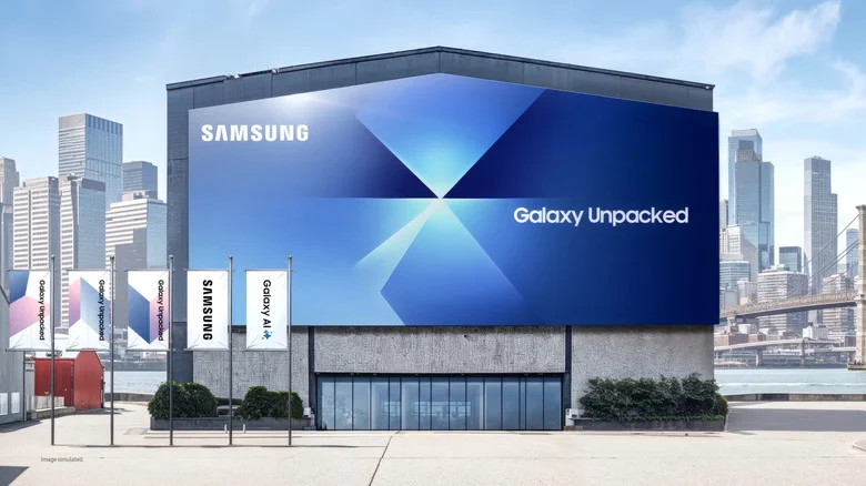 Graphic showing the outside of an arena with Samsung Galaxy Unpacked signage