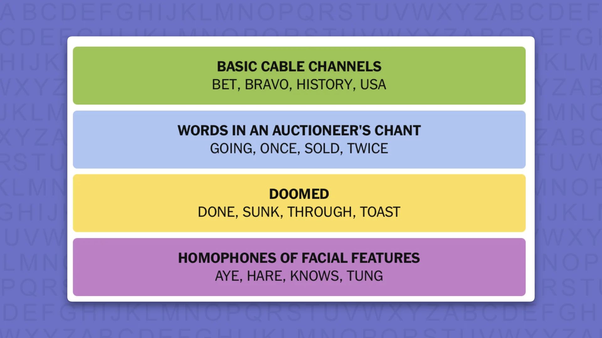 NYT Connections answers for game 1157 on a purple background