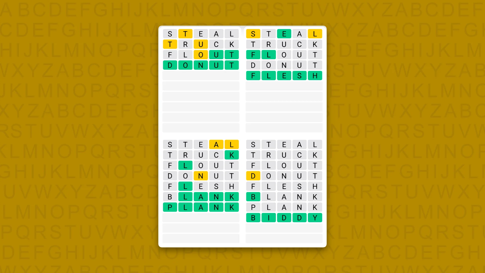 Quordle Daily Sequence answers for game 1660 on a yellow background