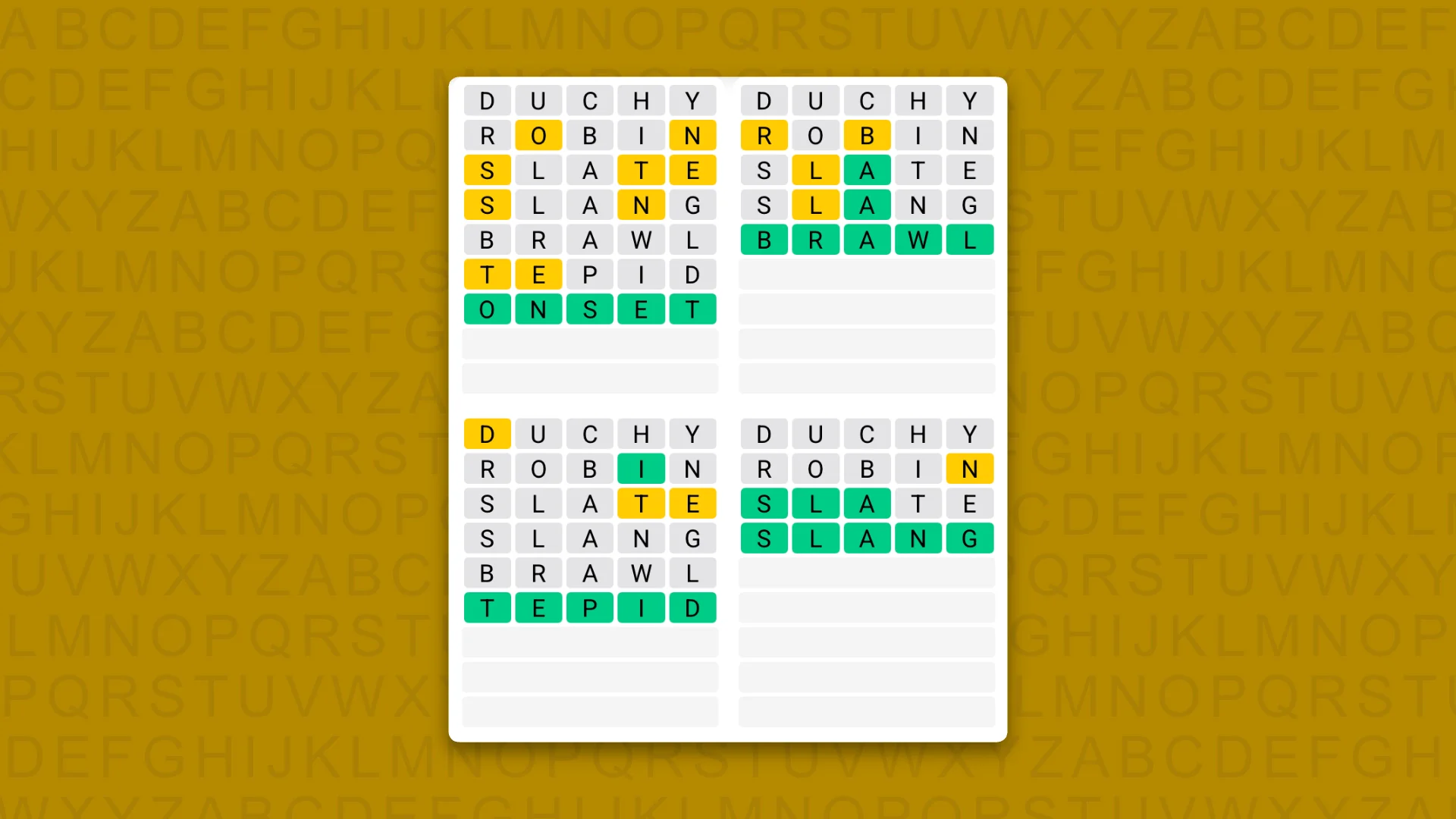 Quordle answers for game 1660 on a yellow background
