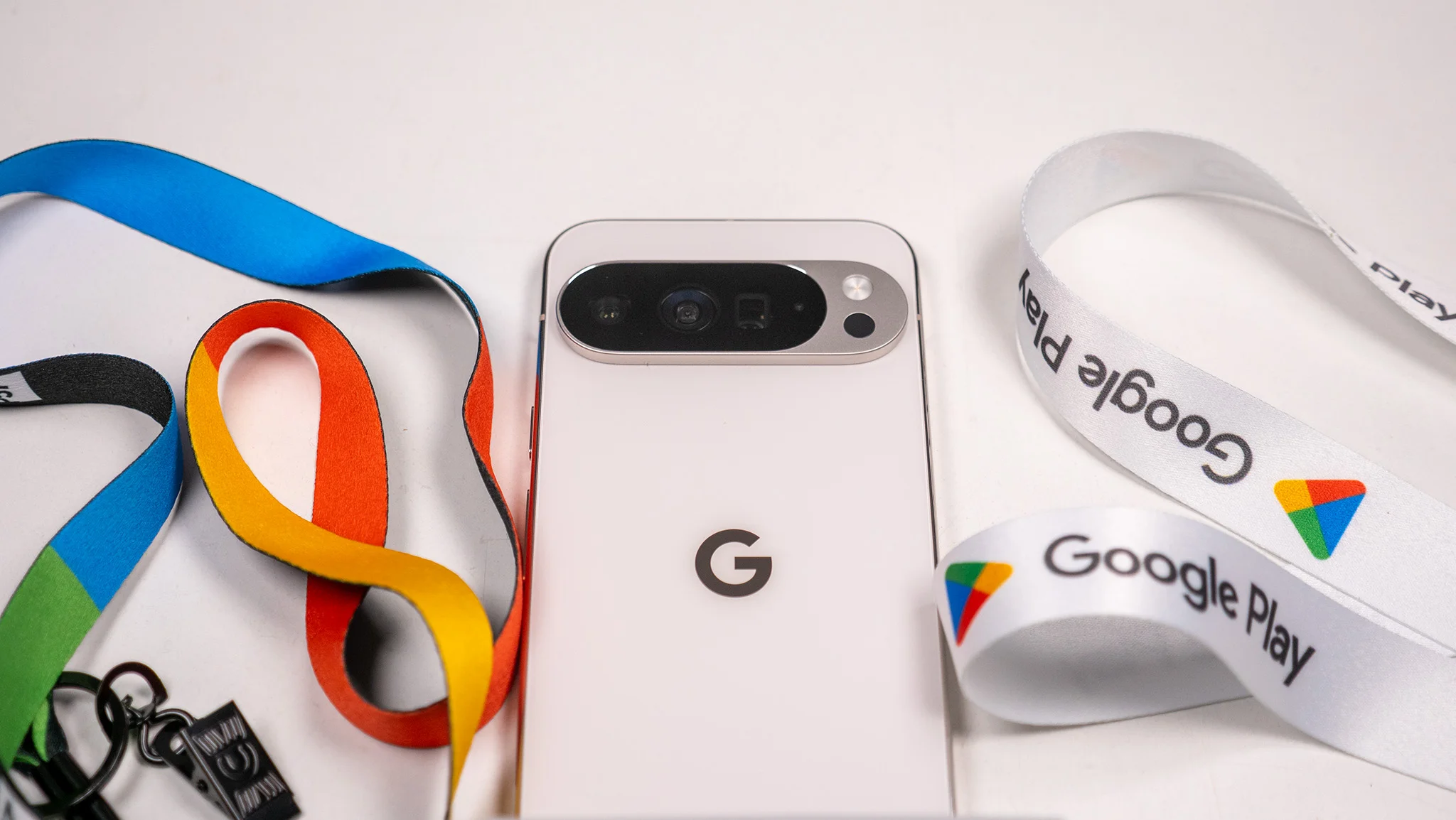 A Google Pixel 10 Pro XL with Google-branded ribons