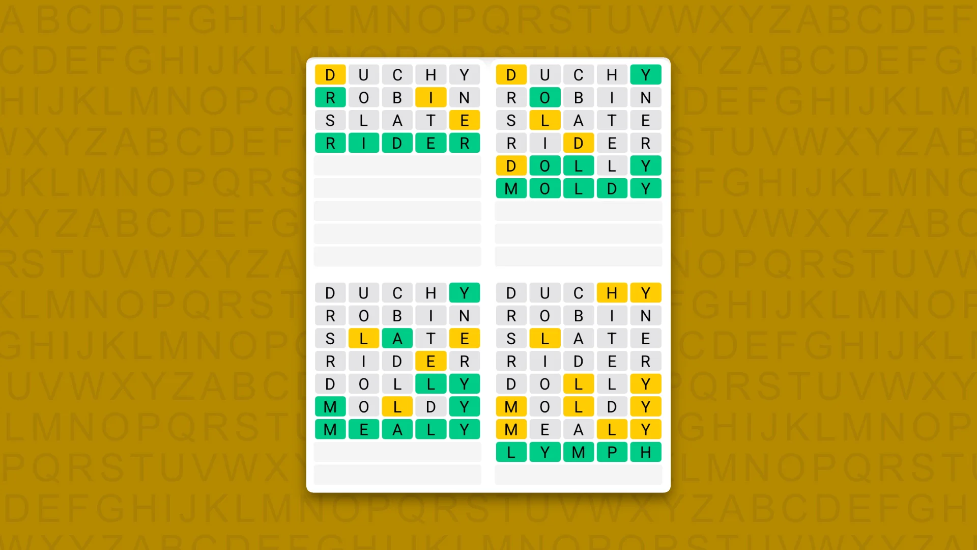 Quordle answers for game 1664 on a yellow background