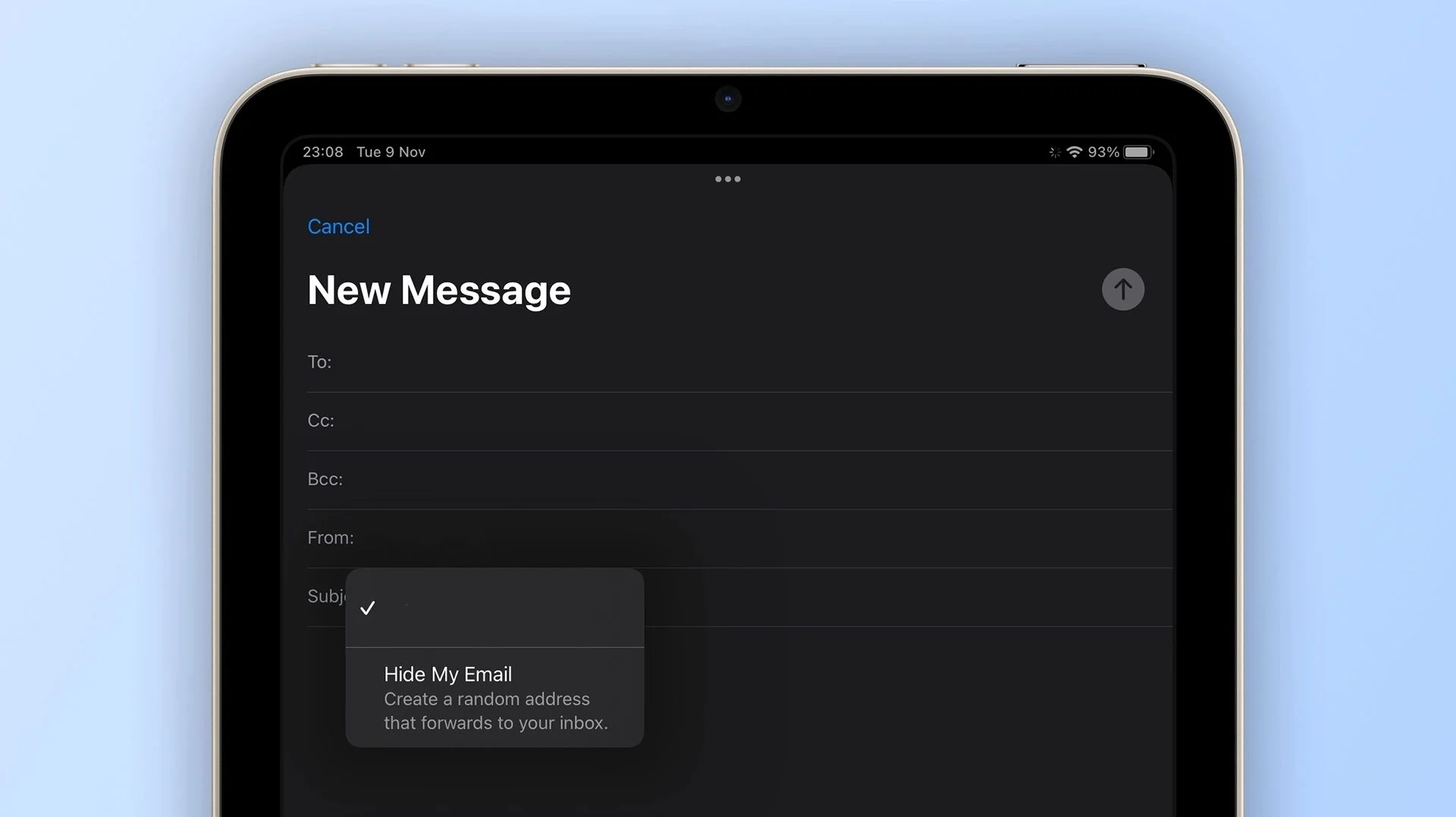 A screenshot showing Hide My Email in the Mail app