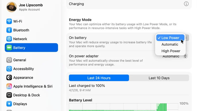 Lower Power Mode settings in macOS System Settings.