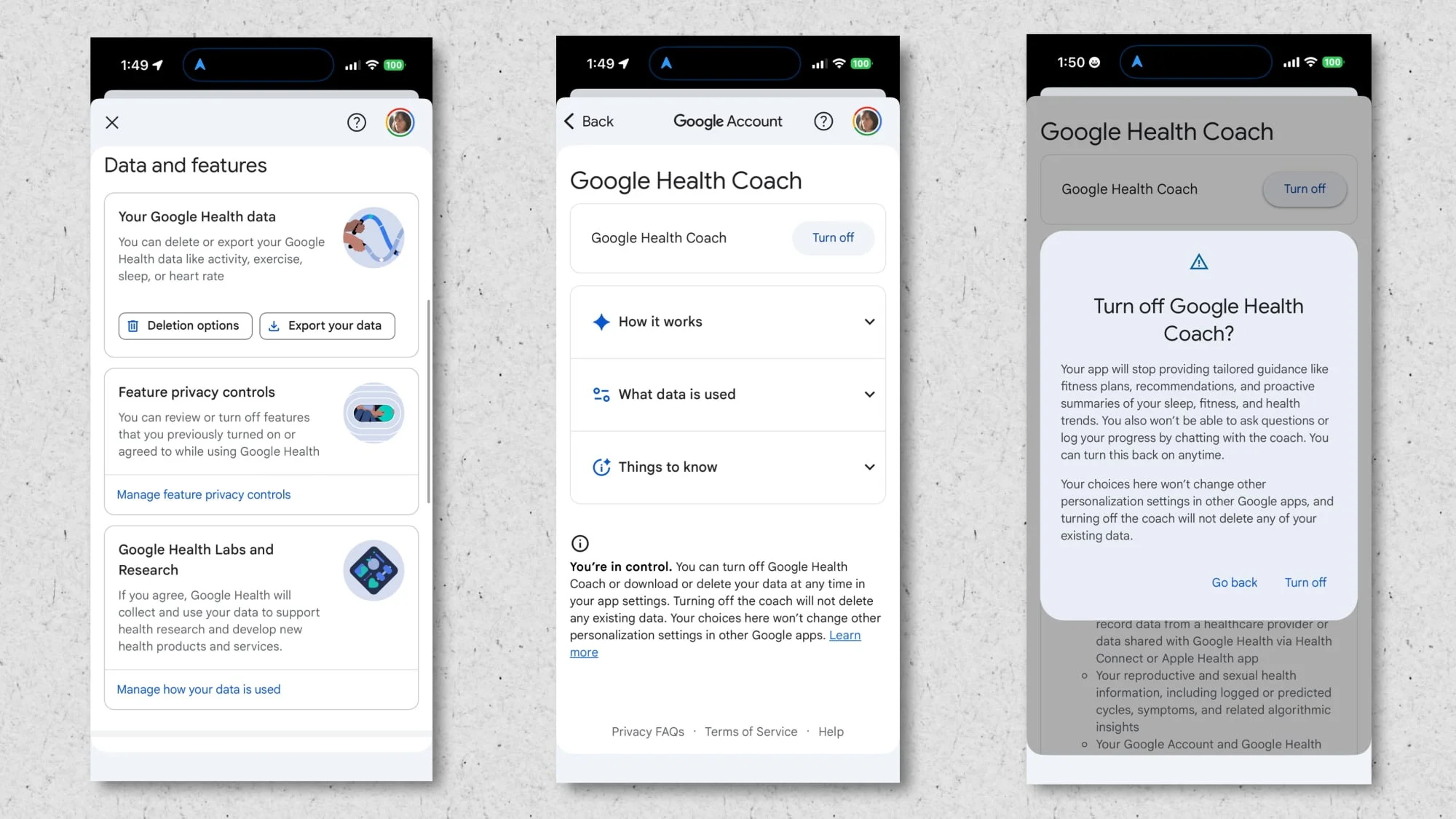 Screenshots for turning off Google Health Coach (see written instructions)