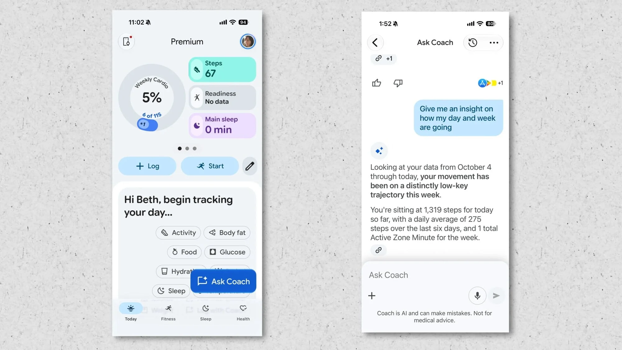 Screenshots of the app without Insights