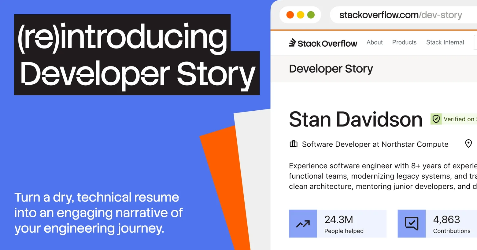 A Stack Overflow graphic introducing 'Developer Story', featuring the title '(re)introducing Developer Story' and a partial profile screenshot.