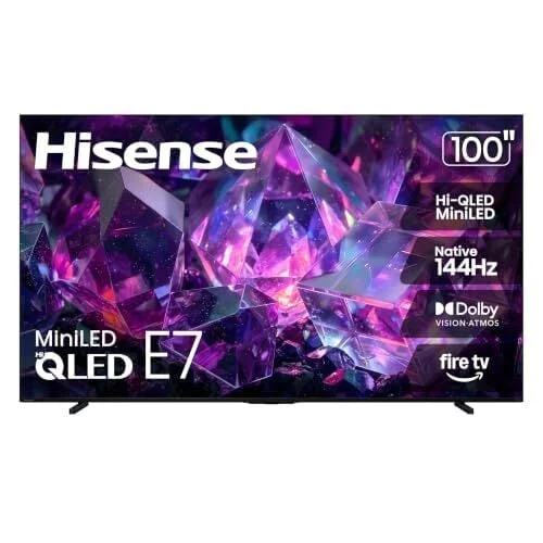 Hisense 100" E7 Cinema Series Hi-QLED Mini-LED 4K UHD Smart Fire TV (100E7SF, 2026 NEW) - Native 144Hz, AI Picture, Dolby Vision IQ &middot; Atmos, FALD, HDR10+ Adaptive, MEMC, Alexa+