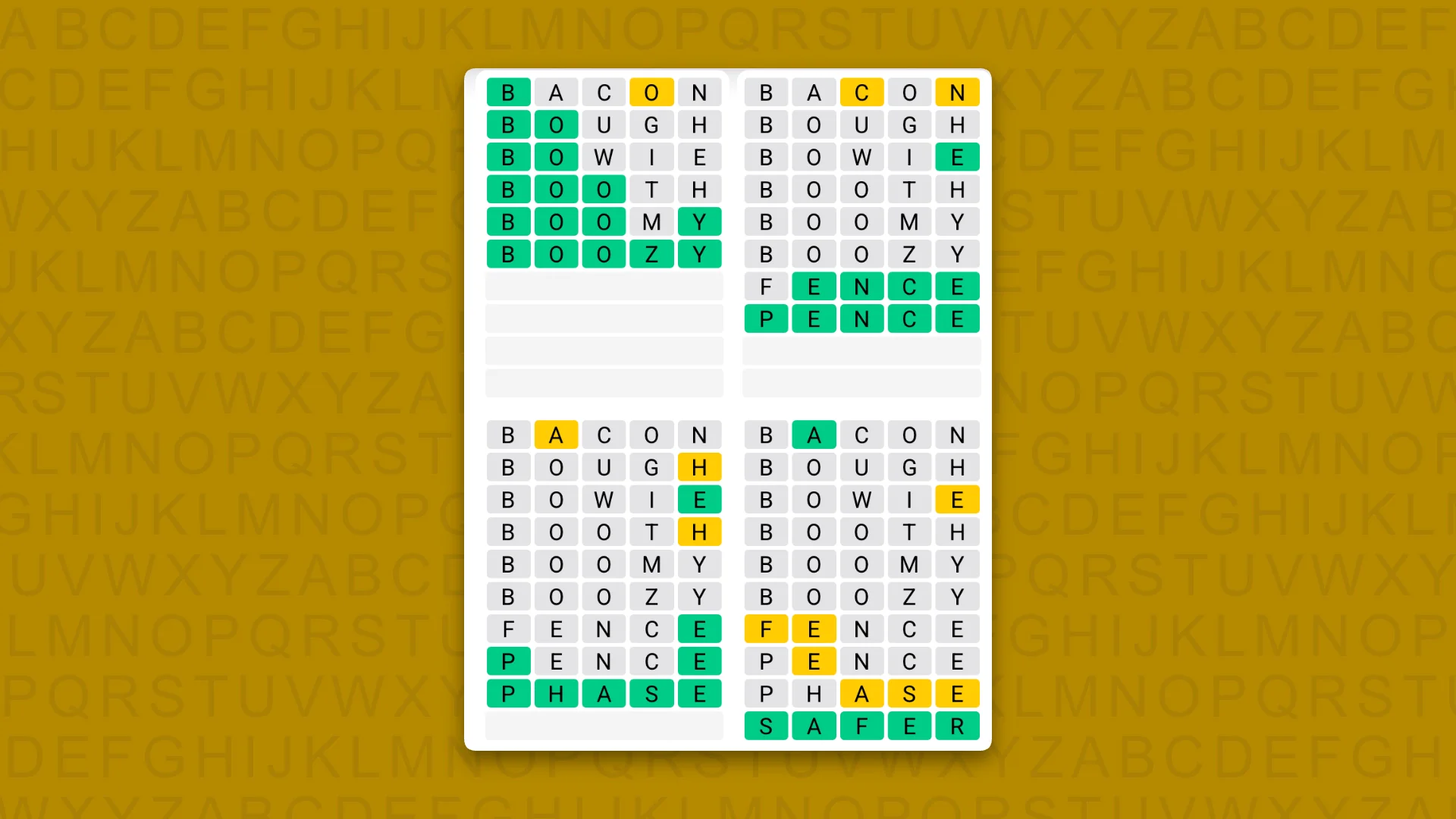 Quordle Daily Sequence answers for game 1724 on a yellow background