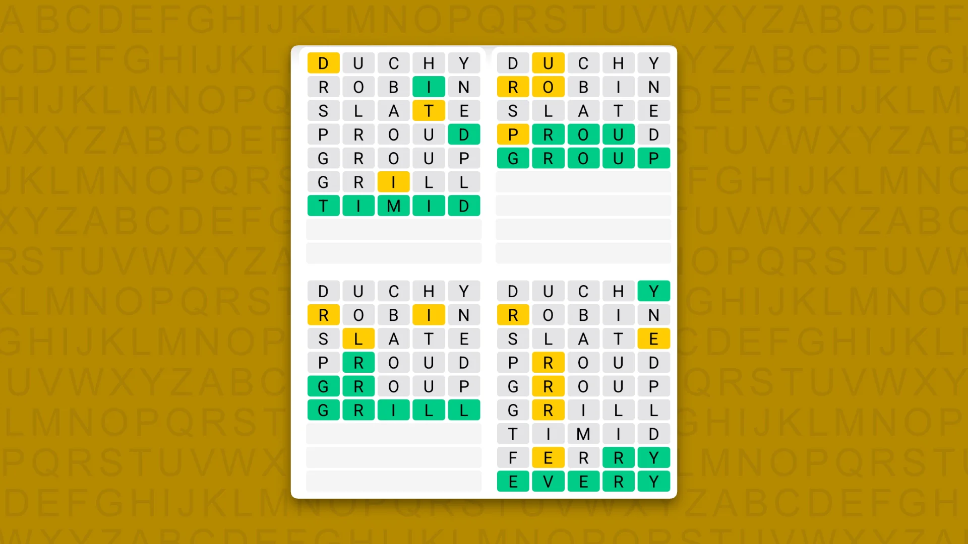 Quordle answers for game 1724 on a yellow background