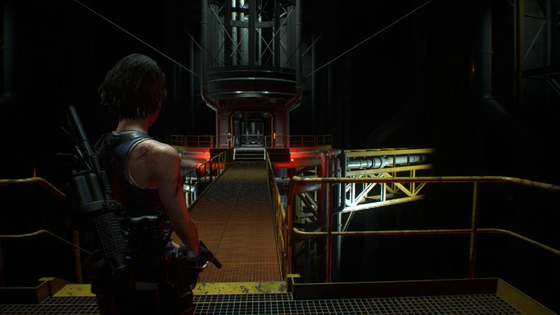 Jill walks forward with a handgun in Resident Evil 3 on Nintendo Switch 2