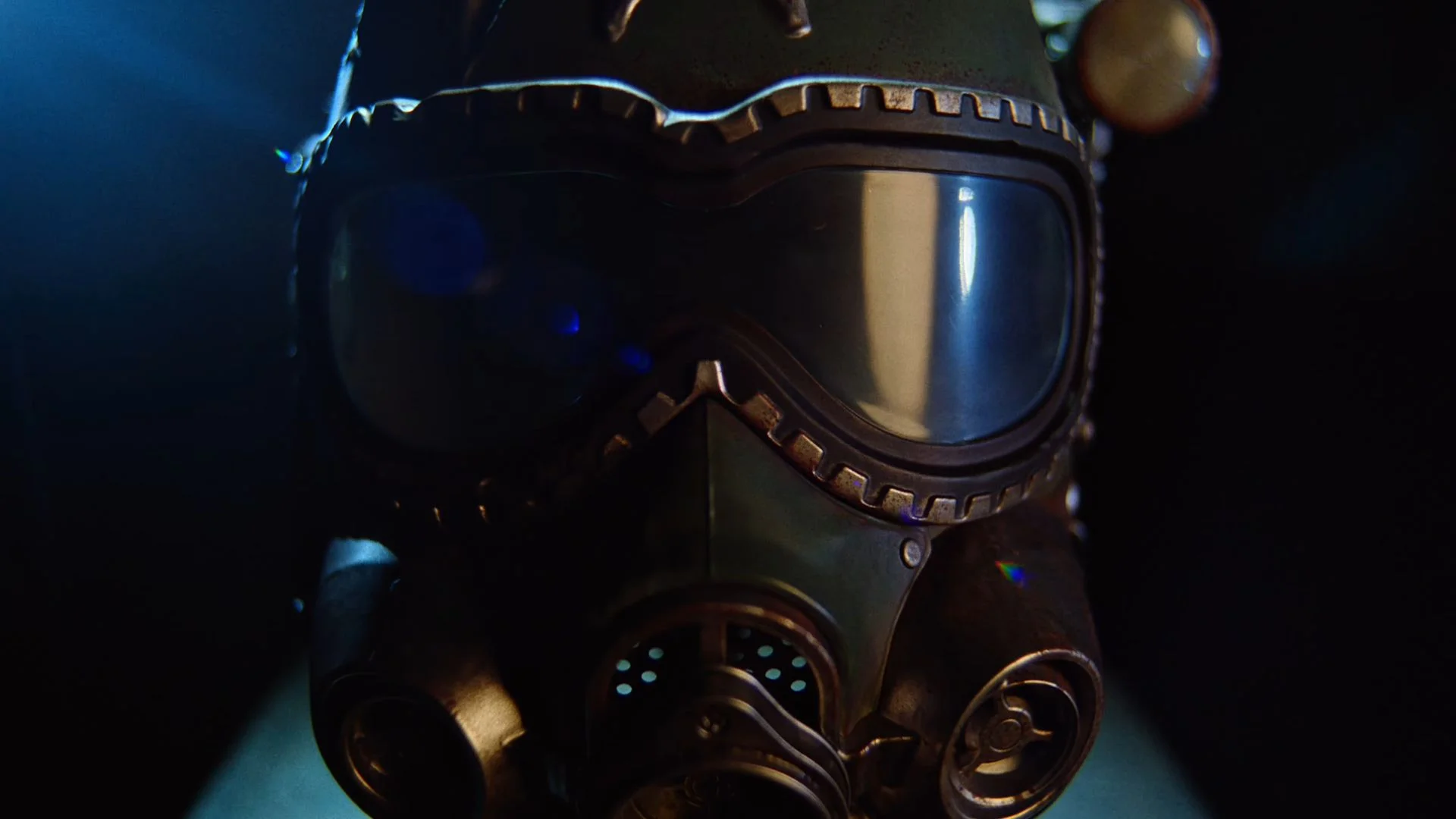 The wearable spartan helmet from the Metro 2039 Collector's Edition on a black background