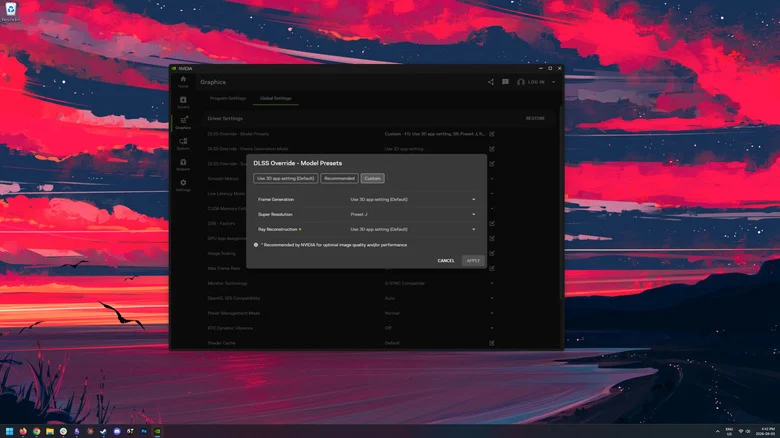 A screenshot of the NVIDIA app, showing how to access the DLSS Preset menu.