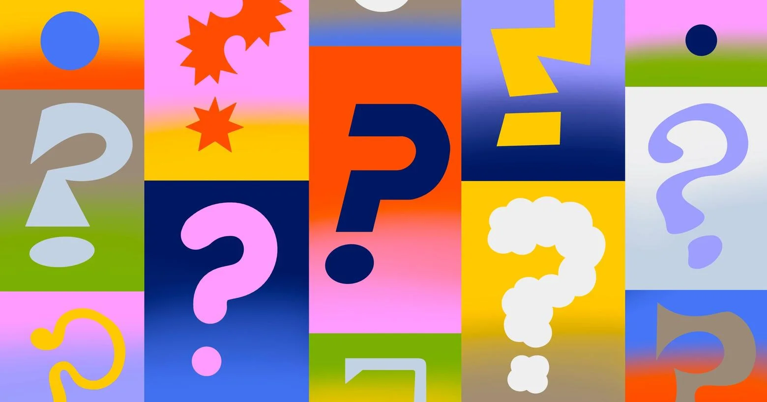 A vibrant grid of colorful blocks, many containing stylized question marks and abstract shapes.
