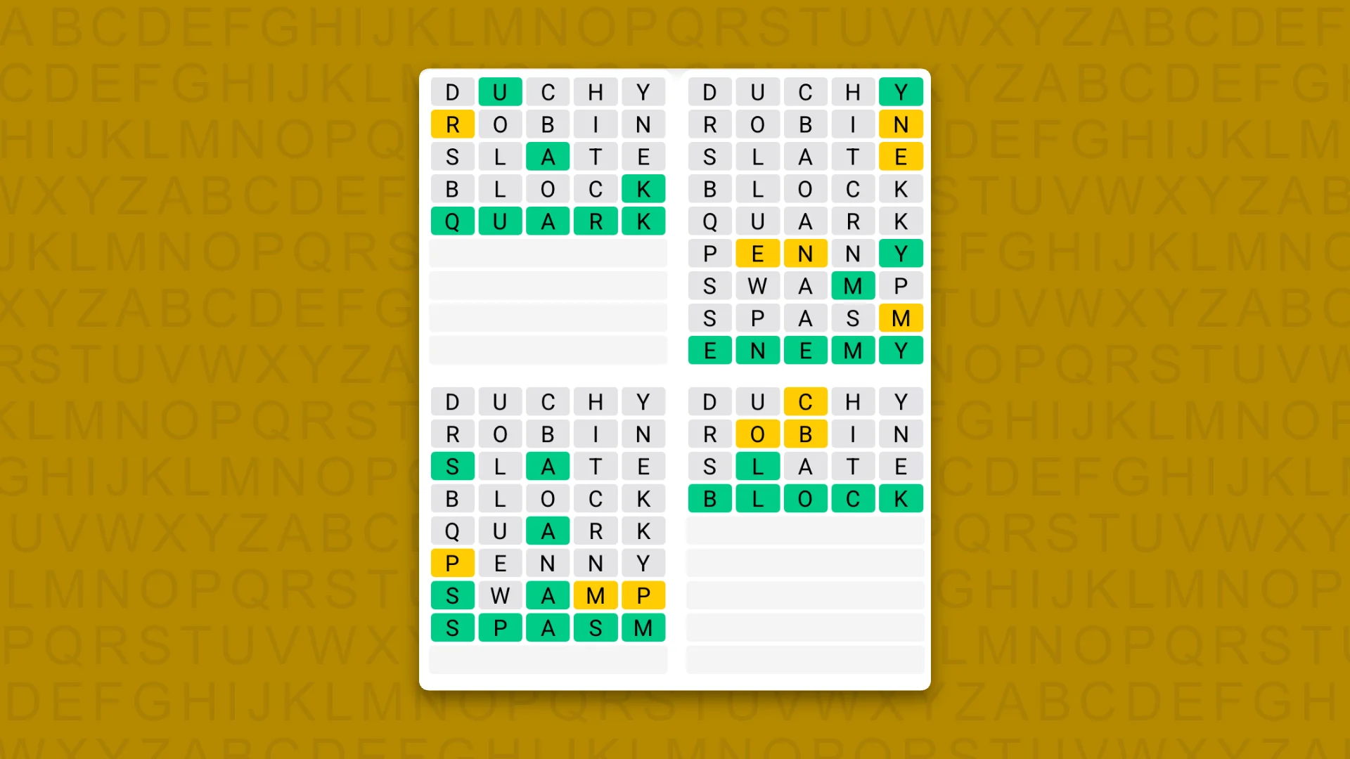 Quordle answers for game 1727 on a yellow background