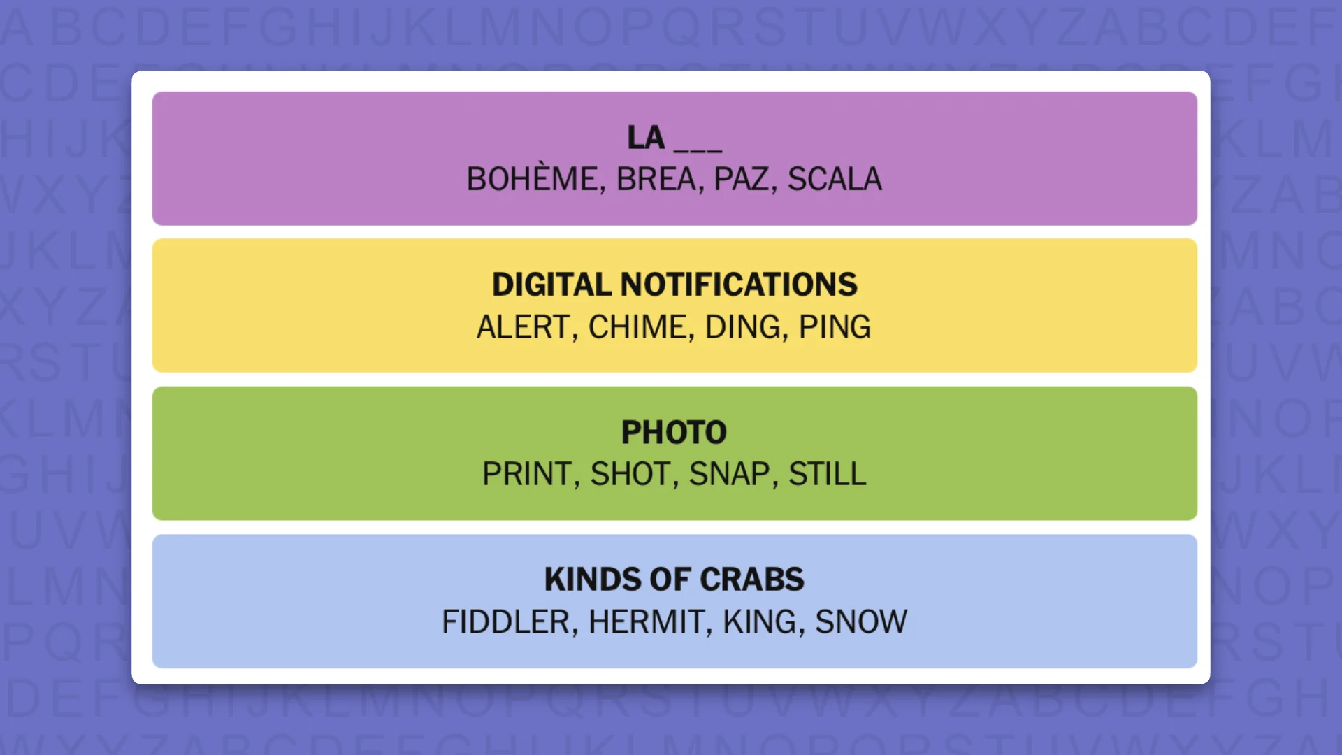 NYT Connections answers for game 1224 on a purple background