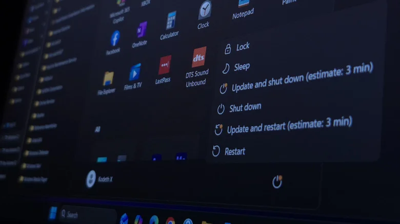 Windows 11 shutdown and restart options in the Start Menu, prompting to install an update.